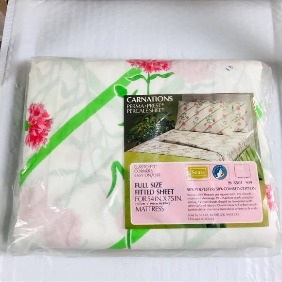 Vintage NWT 80s Sears Carnations Perma Prest Percale Full Size Fitted Sheet - Picture 6 of 6